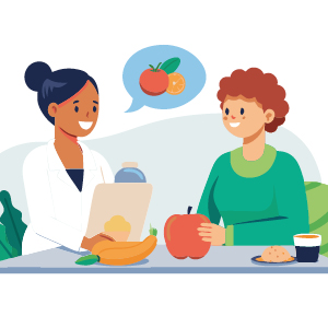 A character chats with a doctor and/or shops for fresh produce at a community market.